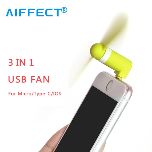 AIFFECT USB Mini Fans Para Micro USB 3 EN 1 Teléfono celular Mini Fan para iPhone 5 6 6S 7 Plus Para Android Tipo-C Ventilador para gadgets.